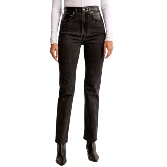 Abercrombie & Fitch Faux Leather Ankle Straight Ultra High Rise Jean Black 27 4 - Picture 16 of 16